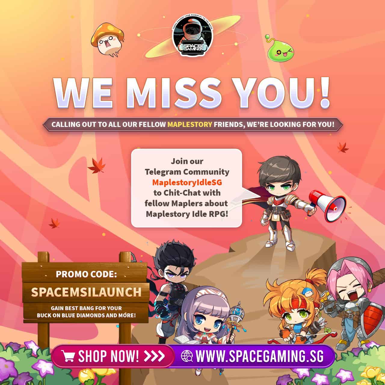 We Miss You - MapleStory Idle RPG promotion with promo code SPACEMSILAUNCH